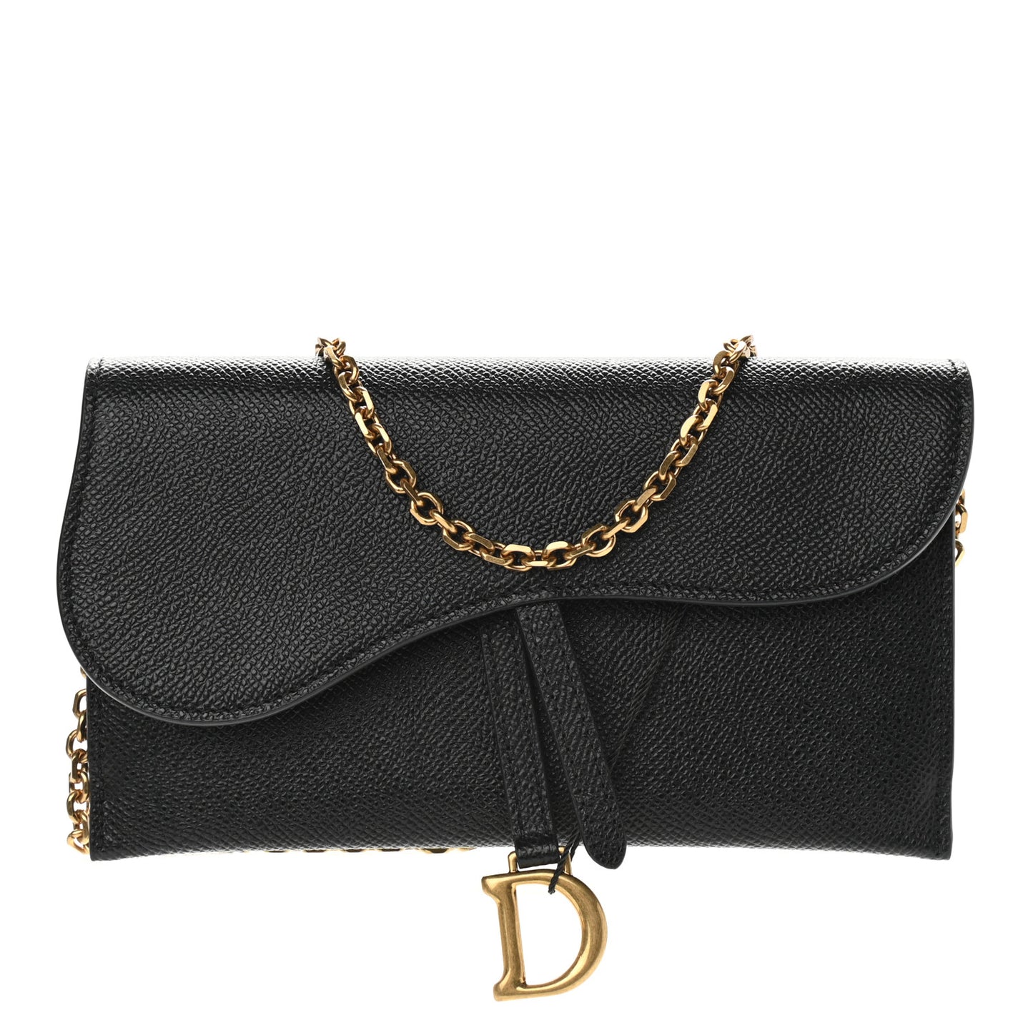Grained Calfskin Saddle Chain Wallet Pouch Black