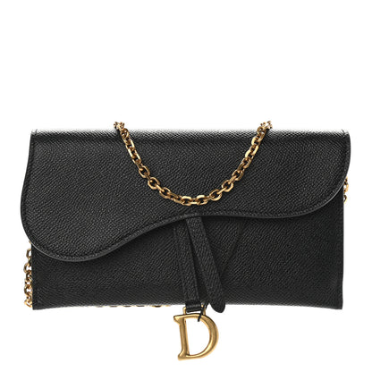 Christian Dior Grained Calfskin Saddle Chain Wallet Pouch Black 1 of 7