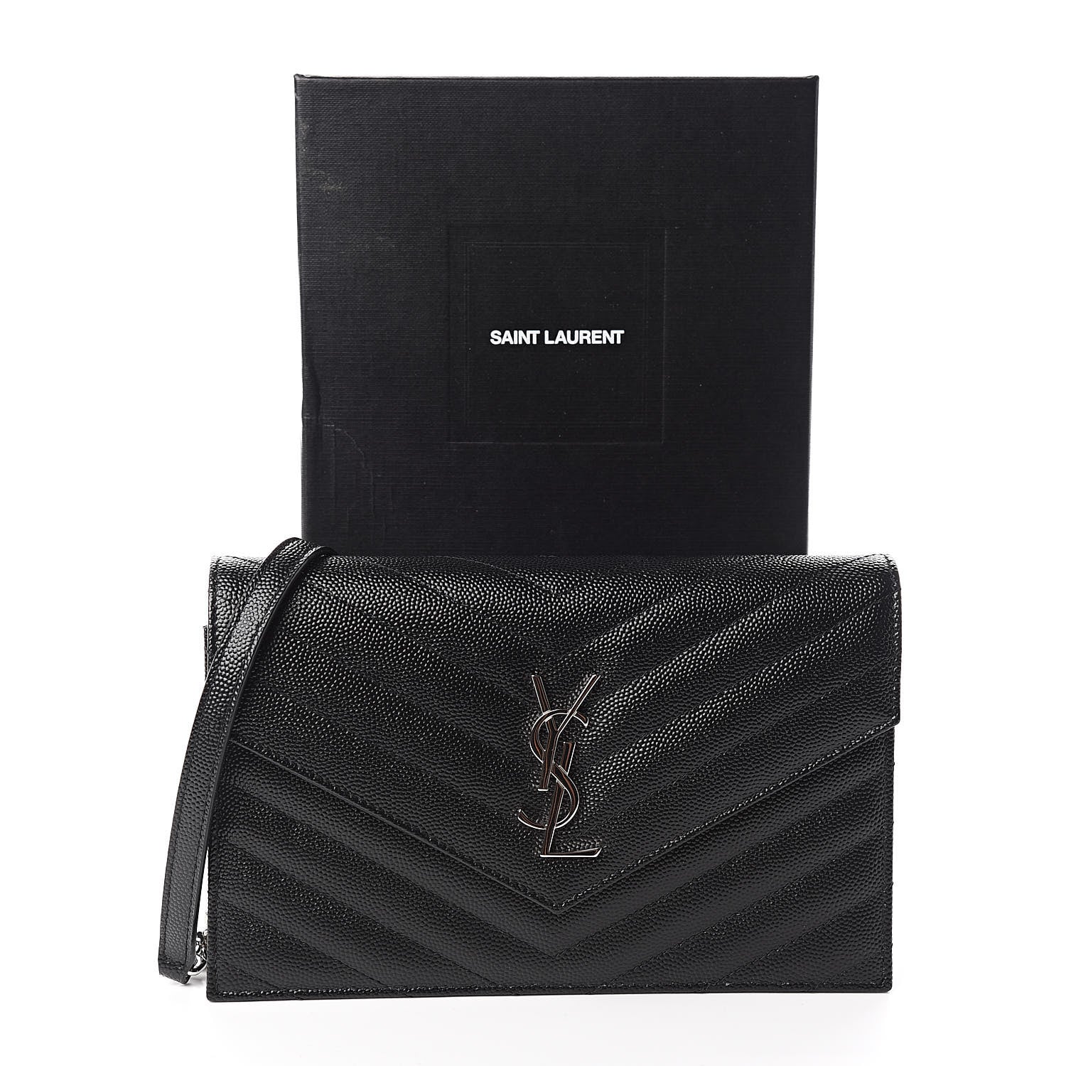 Saint Laurent Grain De Poudre Matelasse Chevron Monogram Envelope Chain Wallet Black 10 of 10