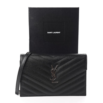 Saint Laurent Grain De Poudre Matelasse Chevron Monogram Envelope Chain Wallet Black 10 of 10