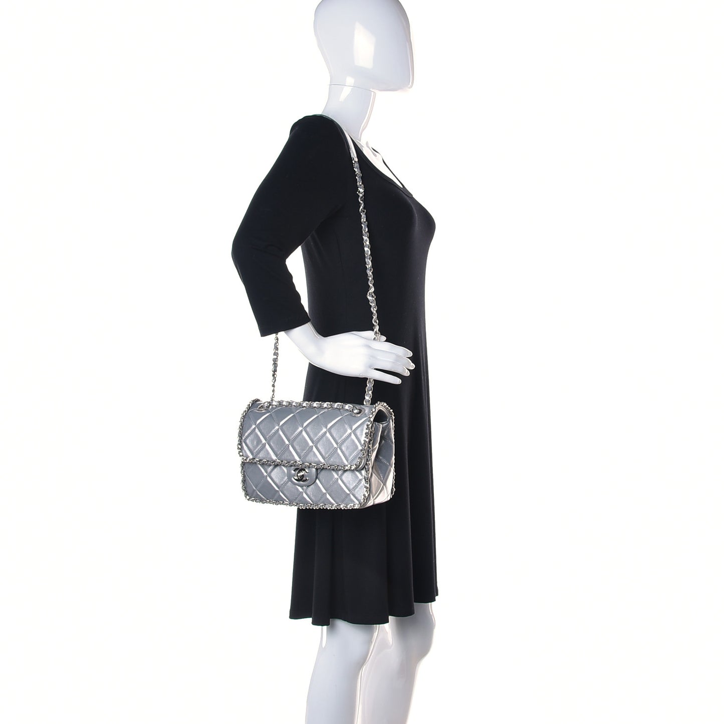 Metallic Lambskin Medium Chain All Over Flap Silver