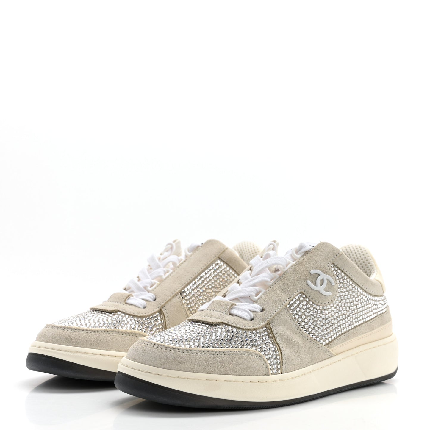 Calfskin Suede Crystal Womens CC Sneakers 38.5 White