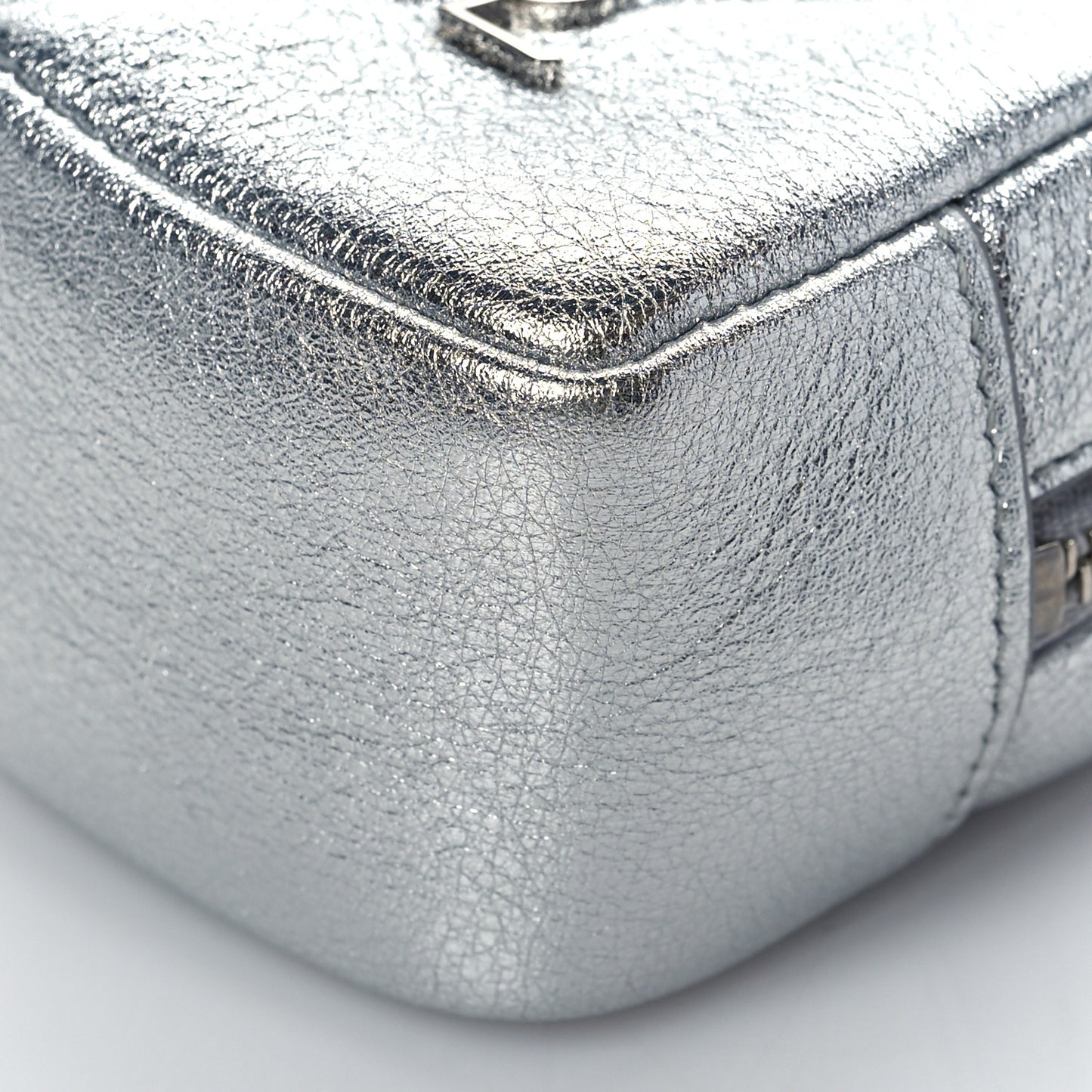 Crinkled Lame Calfskin Jaime Cube Charm Keychain Silver