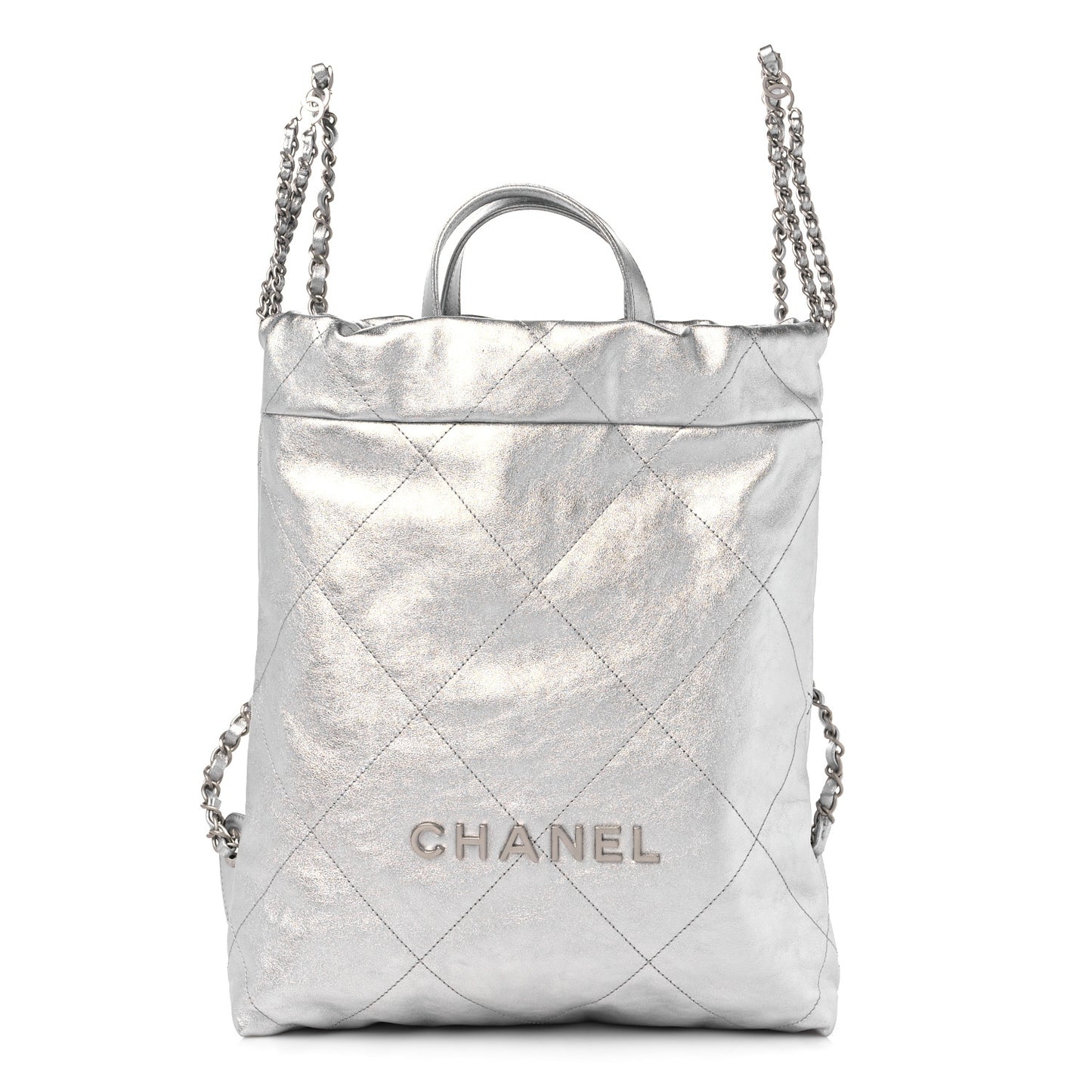 Metallic Calfskin Quilted Chanel 22 Backpack Silver