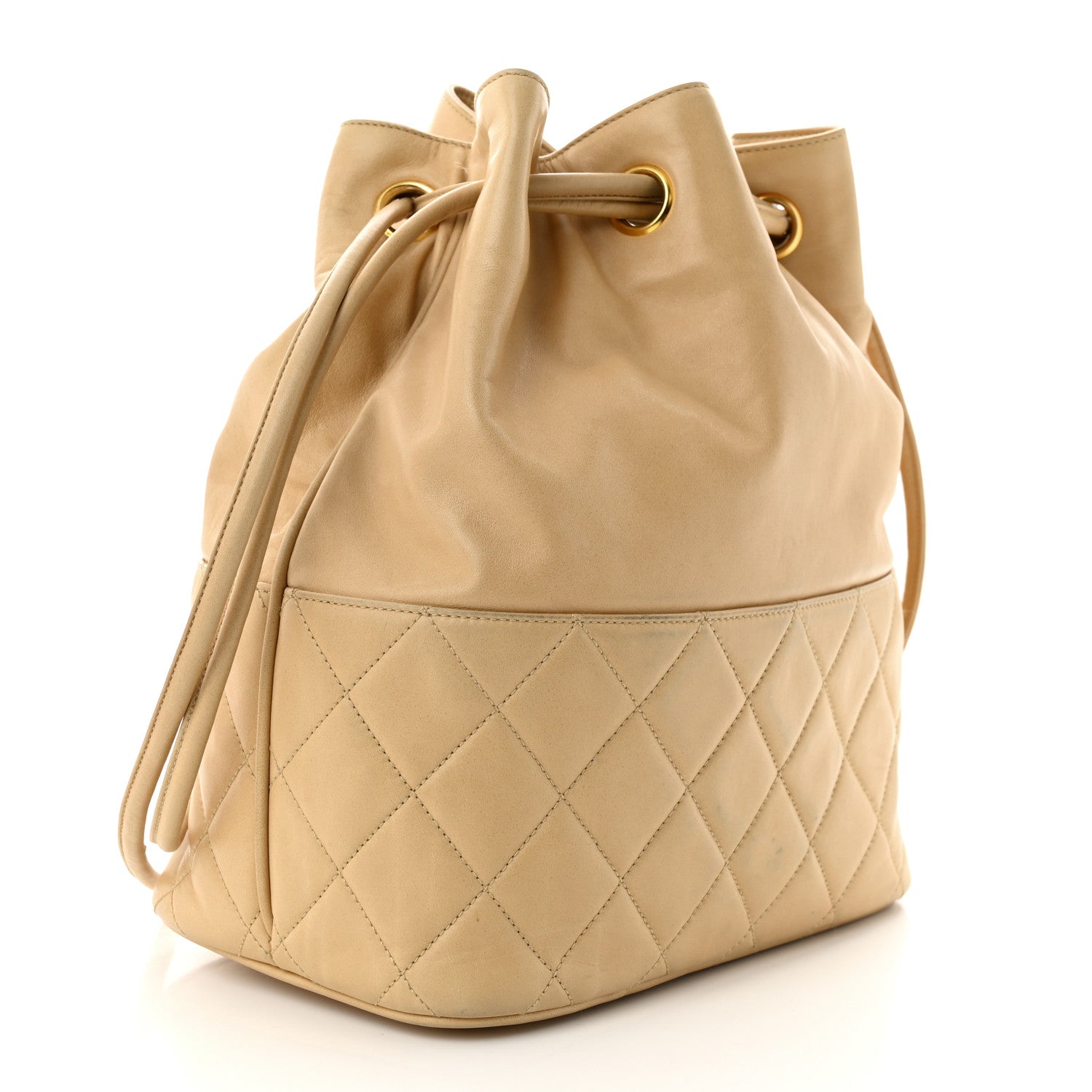 Chanel Lambskin Quilted Drawstring Bucket Bag Beige 4 of 13