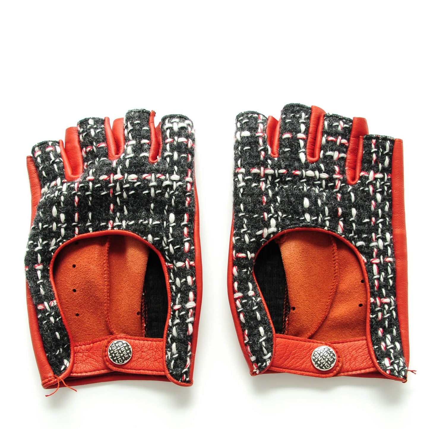 Lambskin Fantasy Tweed Fingerless Gloves 8 Red Black