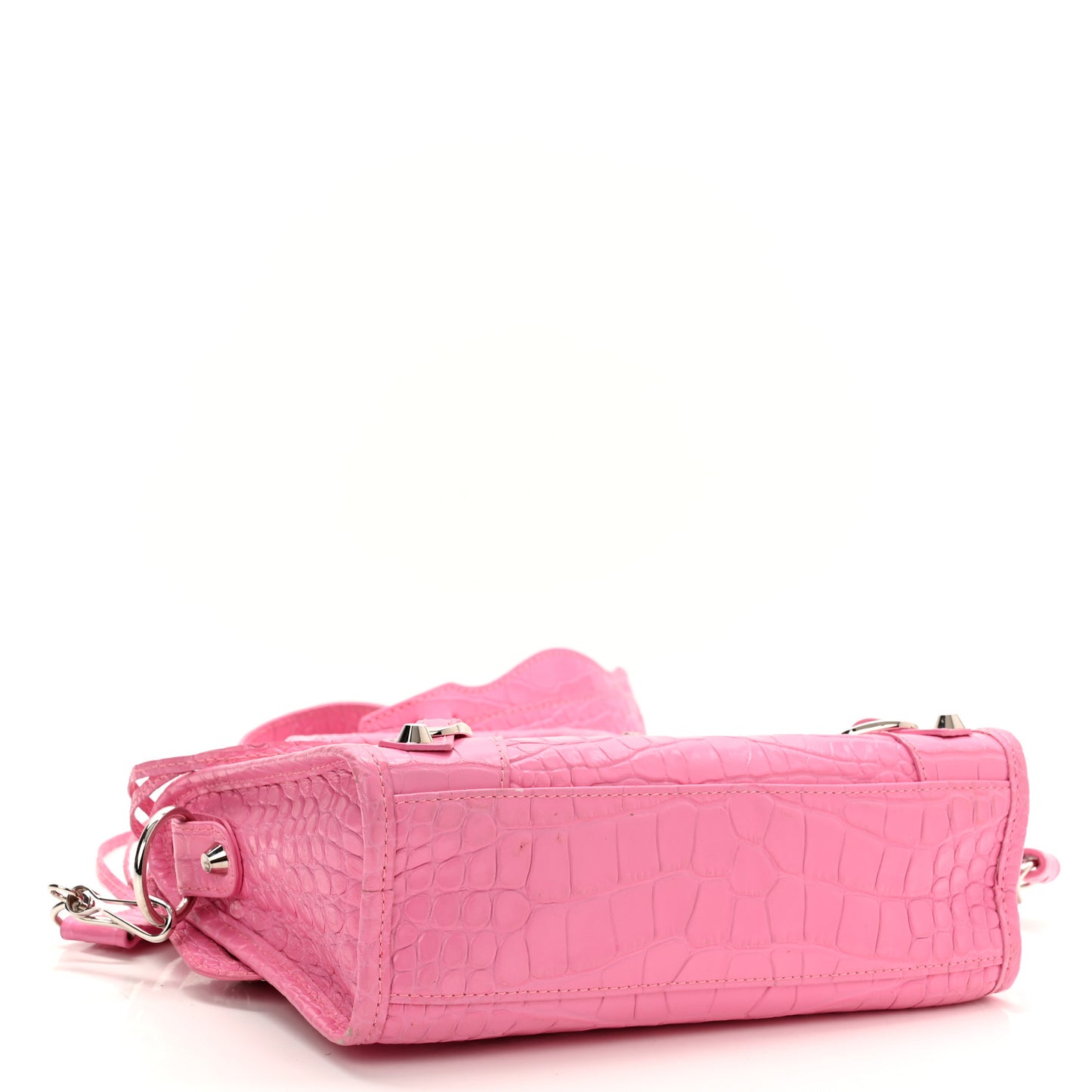 Shiny Supple Calfskin Crocodile Embossed Classic Silver Hardware Mini City Baby Pink