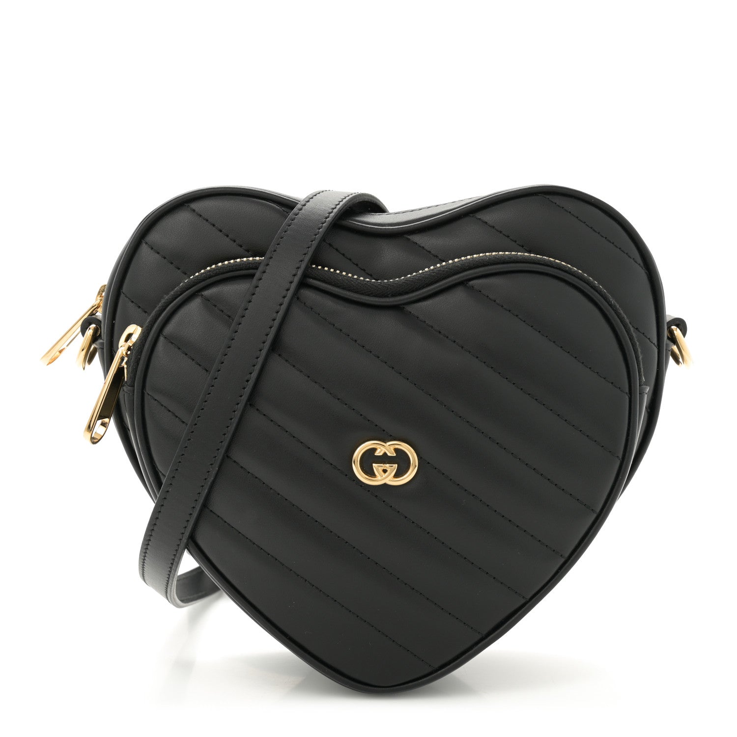 Gucci Calfskin Matelasse Diagonal Mini Interlocking G Heart Shoulder Bag Black 1 of 11