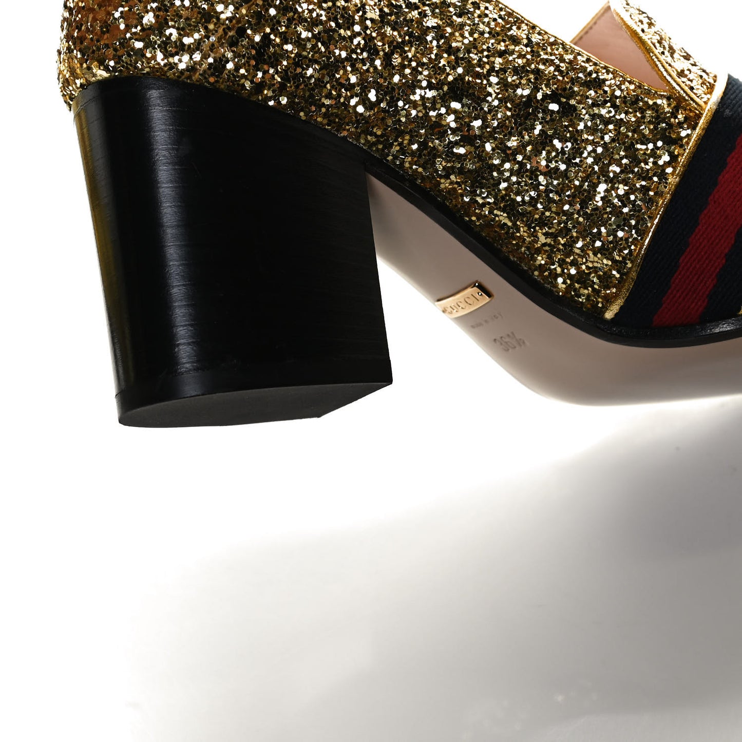 Glitter Nappa Web Peyton 75mm Loafer Pumps 36.5 Oro Vecchio