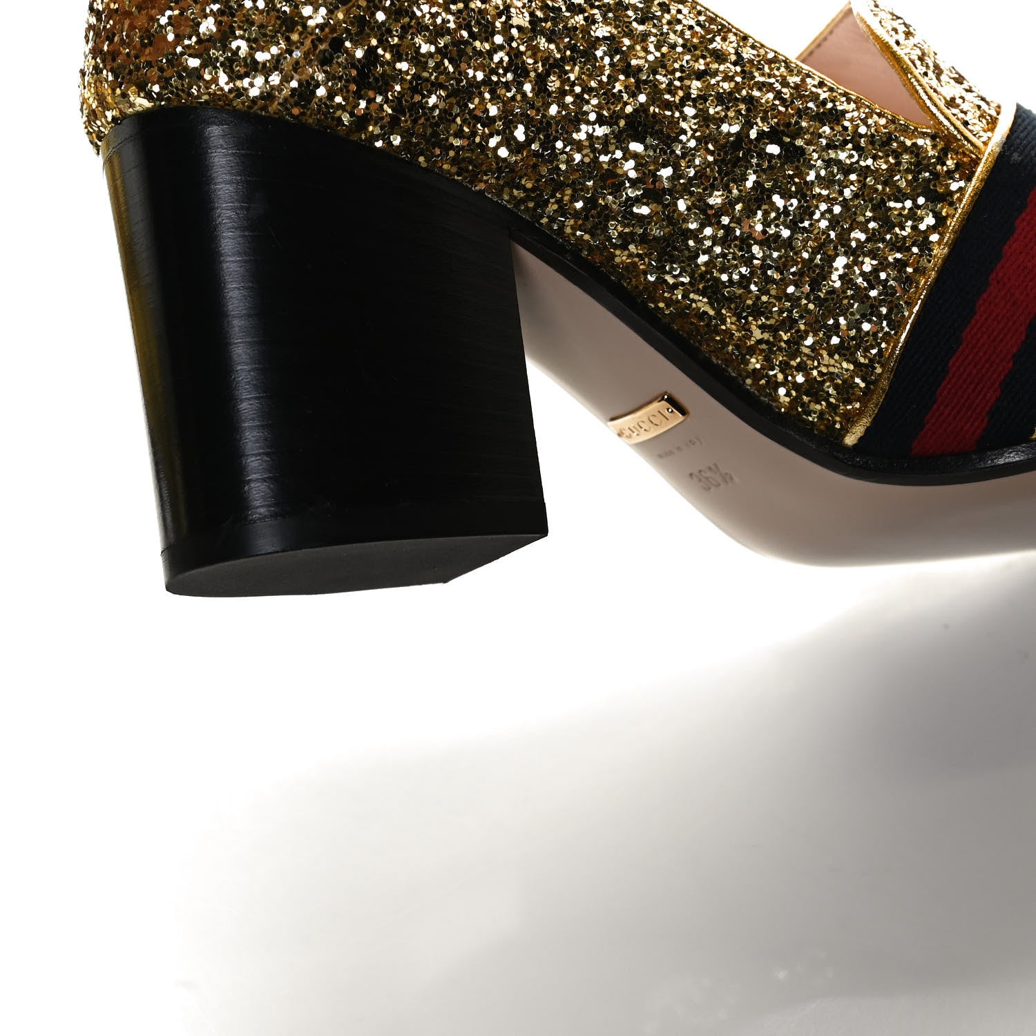 Gucci Glitter Nappa Web Peyton 75mm Loafer Pumps 36.5 Oro Vecchio 12 of 13