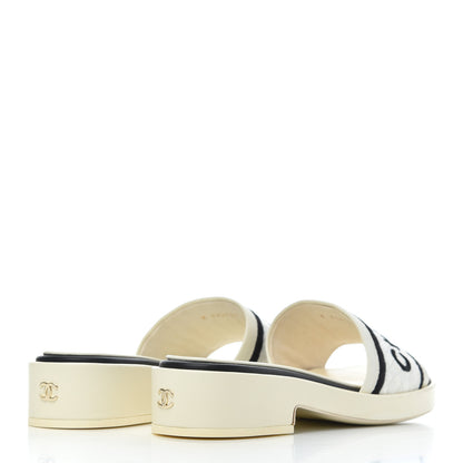 Chanel Lambskin Embroidered Logo Mules 37 Ivory Black 4 of 15