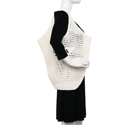 Prada Yarn Raffia Effect Crochet Logo Embroidered Shopping Tote Bag White 2 of 10
