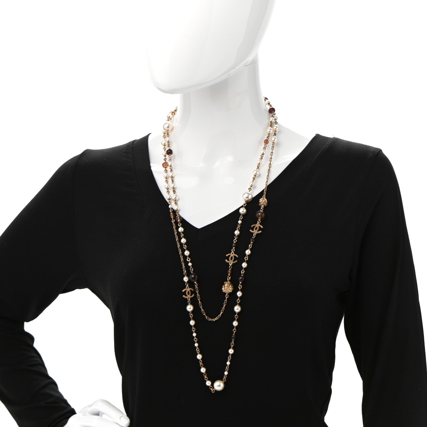 Chanel Pearl Crystal Bead CC Long Necklace Black Brown White 2 of 5