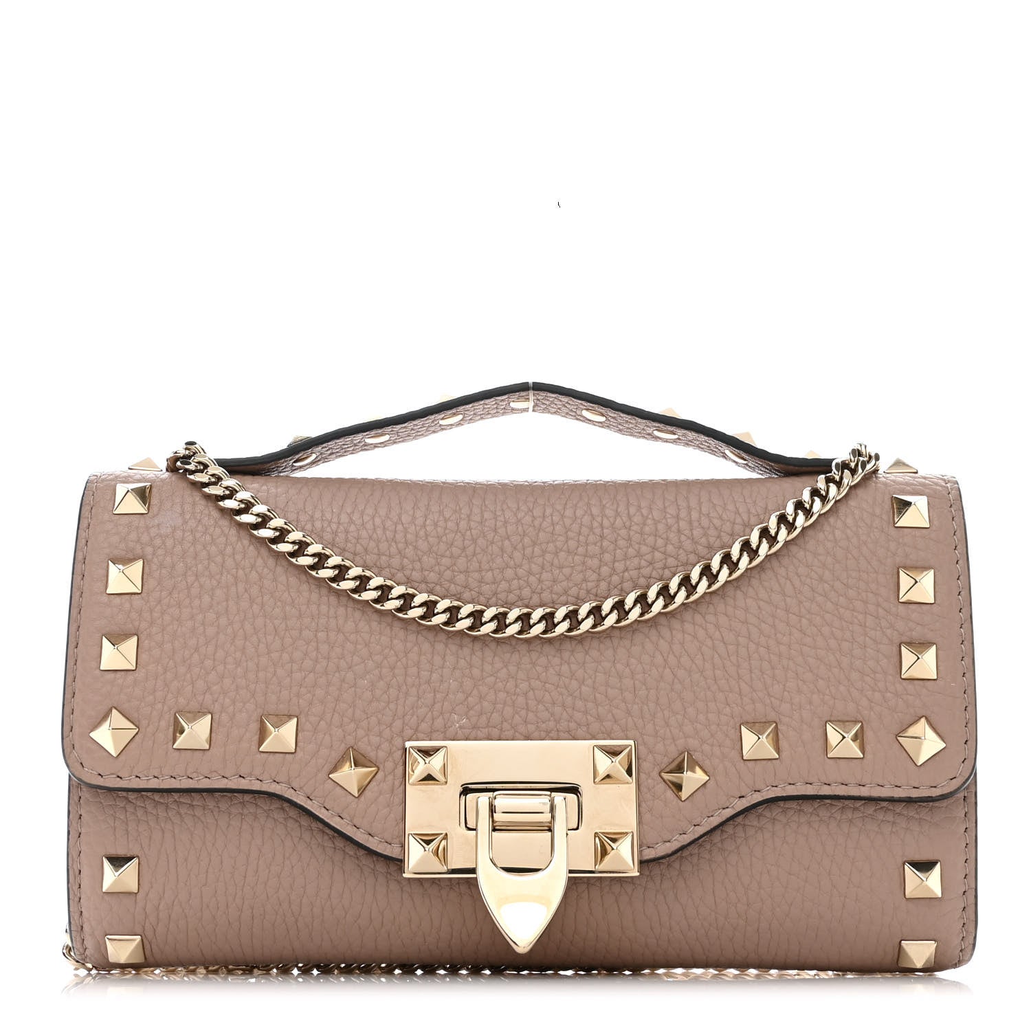 Valentino Garavani Pebbled Calfskin Rockstud Flip Lock Wallet On Chain Poudre 1 of 9