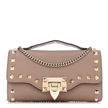 Valentino Garavani Pebbled Calfskin Rockstud Flip Lock Wallet On Chain Poudre 1 of 9