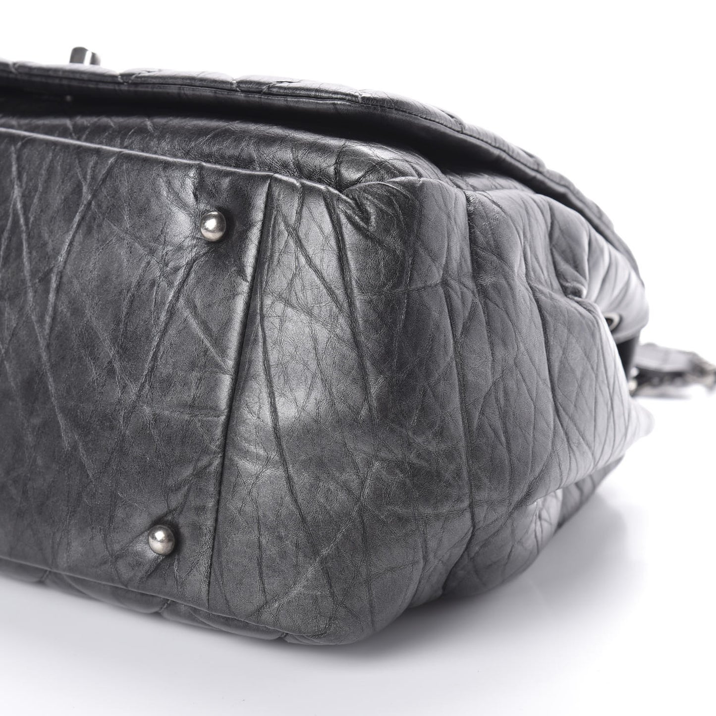 Metallic Aged Calfskin Quilted Large Pondichery Flap Dark Grey
