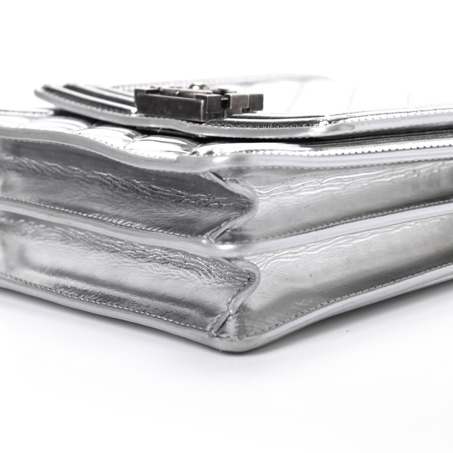 Metallic Goatskin Quilted North South Boy Flap Silver