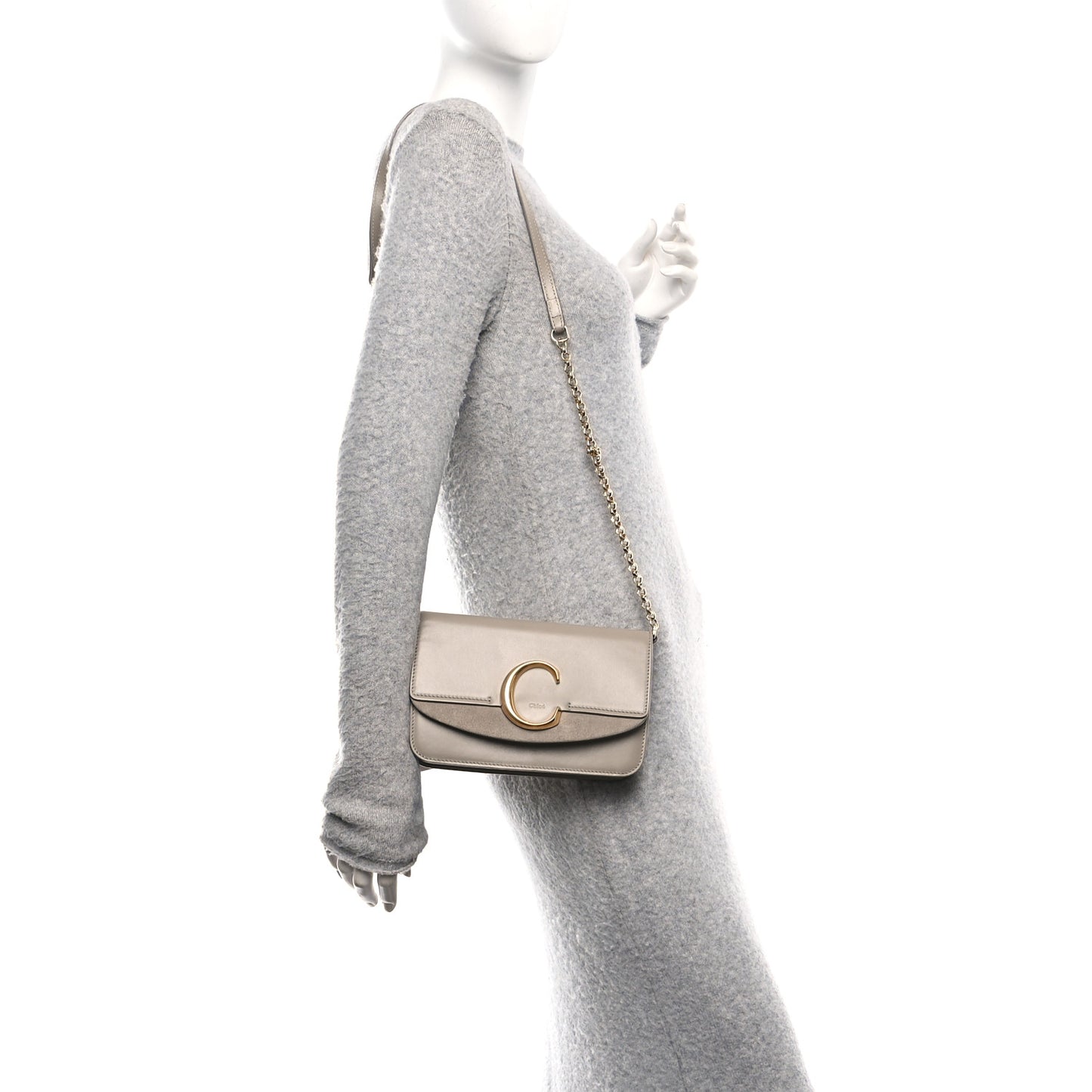Calfskin Suede C Clutch With Chain Motty Grey