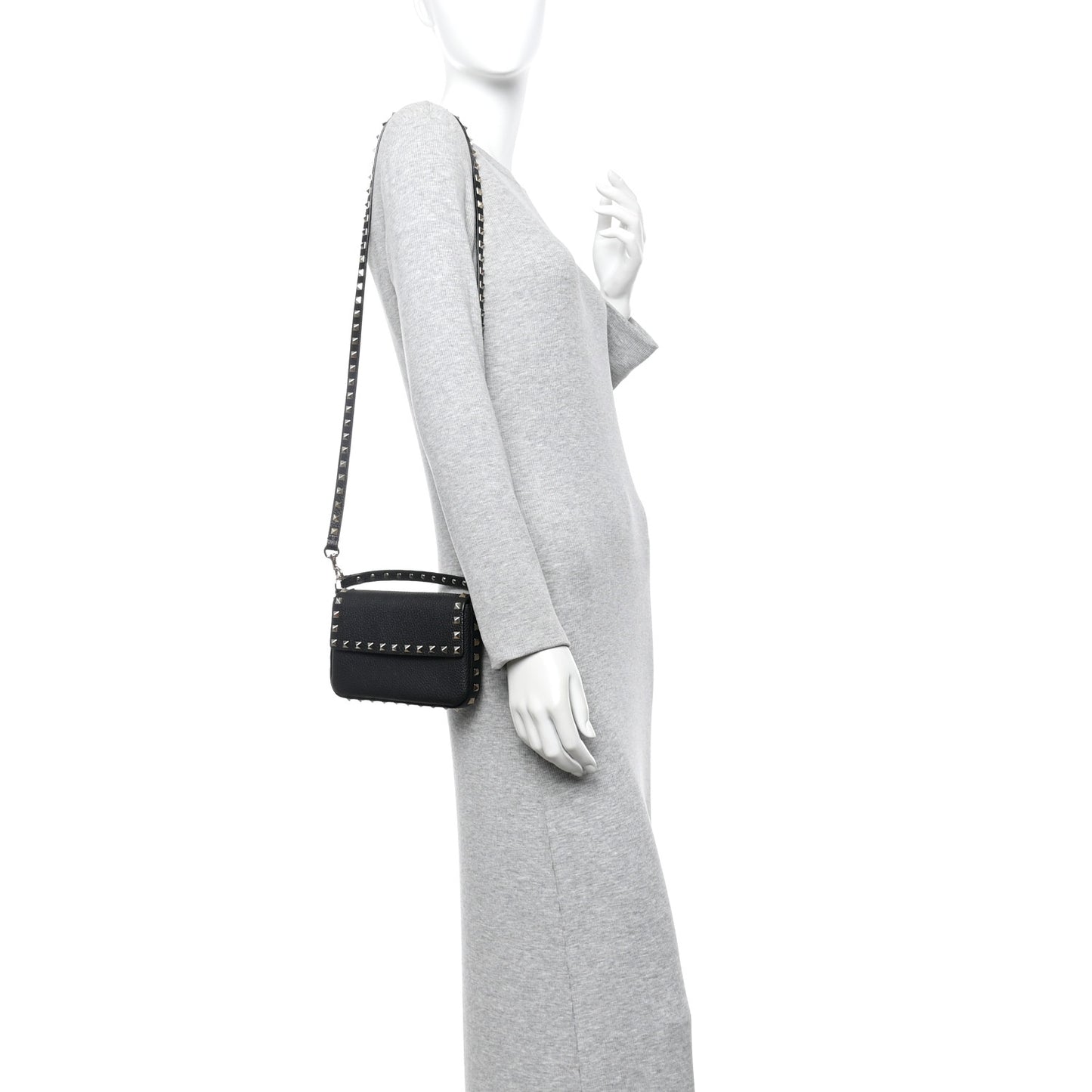 Grainy Calfskin Rockstud Crossbody Pouch Black
