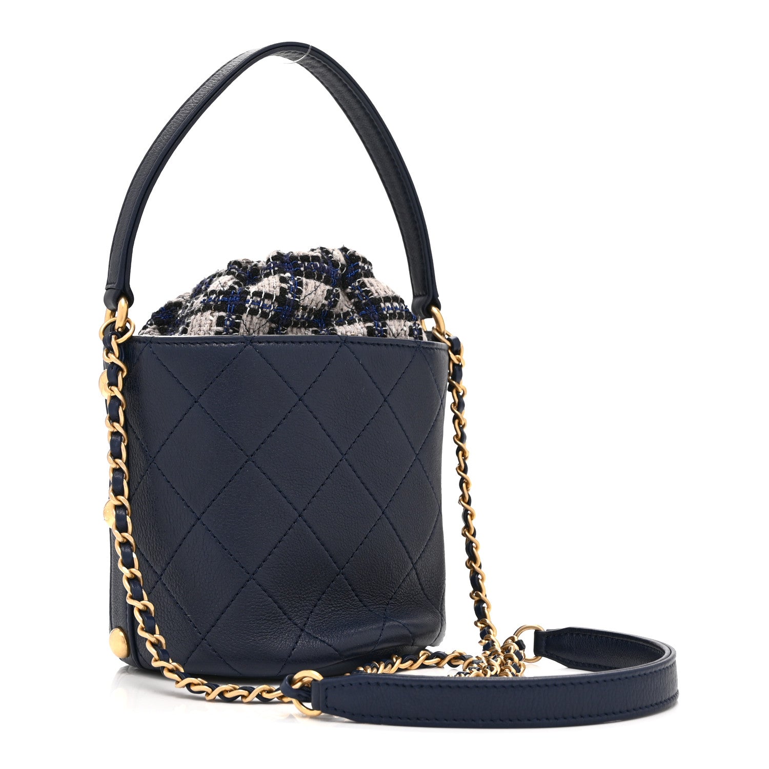 Chanel Calfskin Tweed Small CC Chain Bucket Drawstring Bag Navy Multicolor 3 of 10