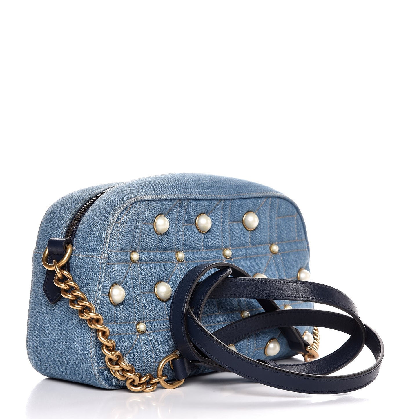 Denim Matelasse Pearl Studded Small GG Marmont Chain Shoulder Bag Blue