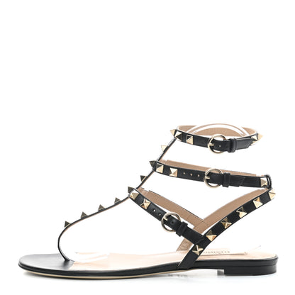 Valentino Garavani Nappa Rockstud Ankle Strap Flat Thong Sandals 38.5 Black 1 of 10