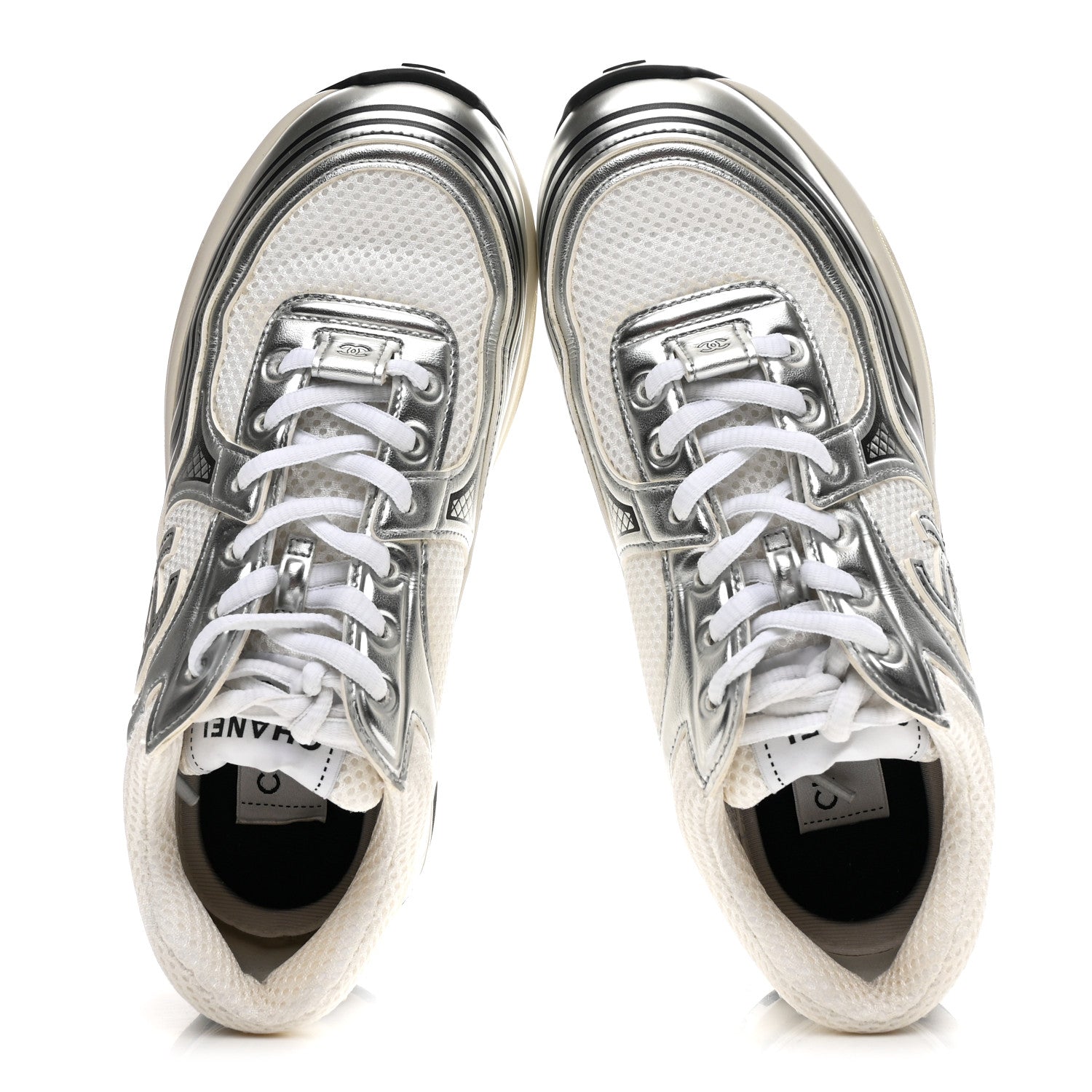 Chanel Fabric Laminated Calfskin Stretch CC Sneakers 36 White Silver 2 of 10