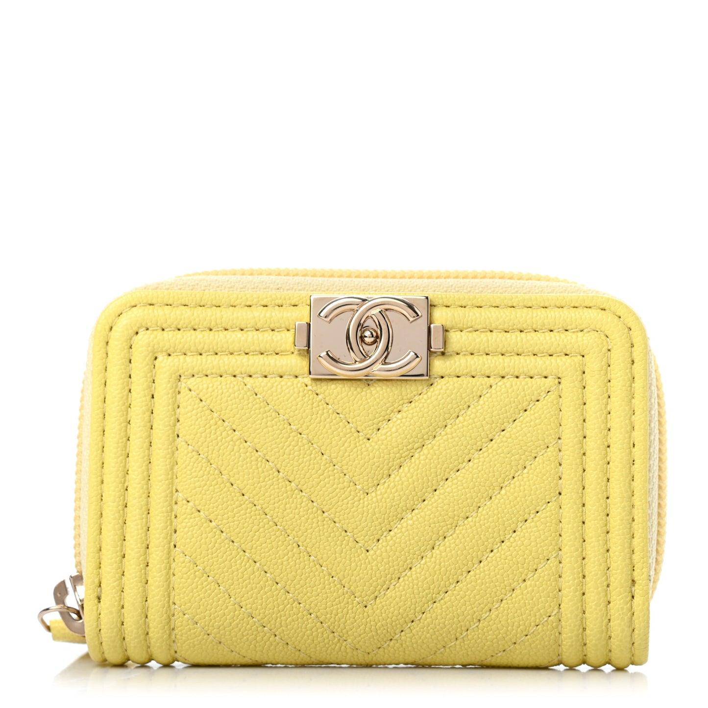 Caviar Chevron Quilted Boy Zip Around Coin Purse Wallet Yellow