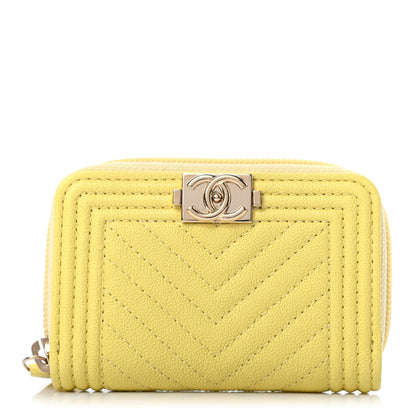 Chanel Caviar Chevron Quilted Boy Zip Around Coin Purse Wallet Yellow 1 of 7