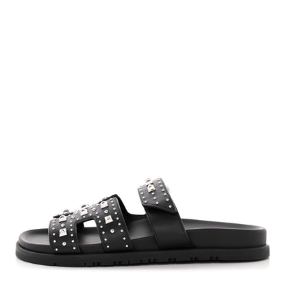 Hermes Calfskin Studded Womens Chypre Sandals 39.5 Black 1 of 8