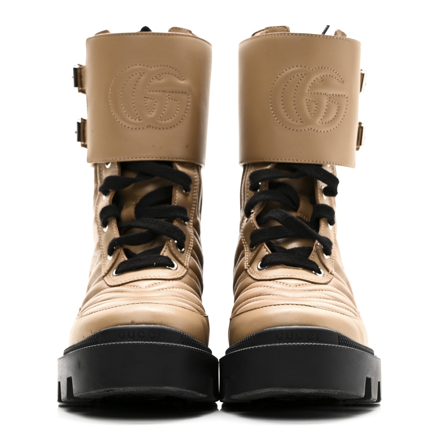 Gucci Nappa Frances GG Matelasse Platform Combat Boots 35 Natural Tan 3 of 11