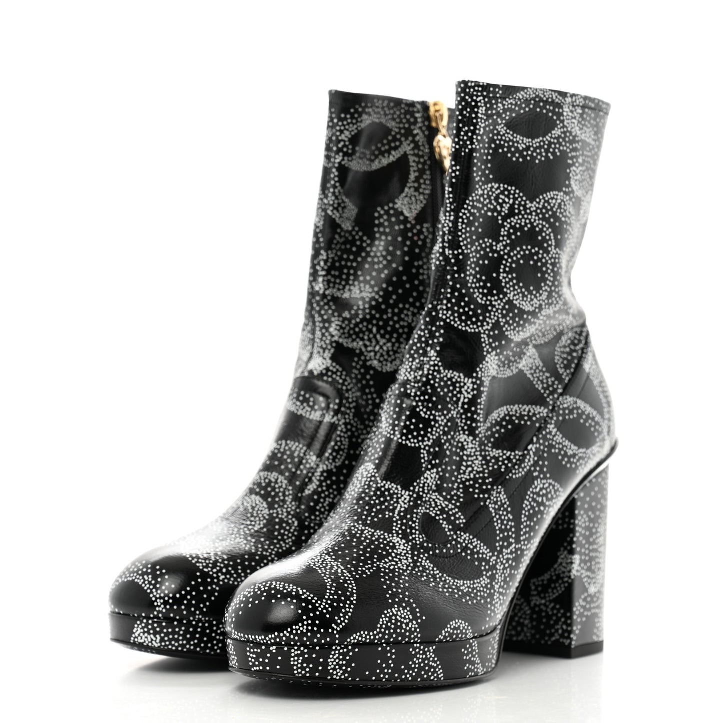 Calfskin Camellia Printed Ankle Boots 39 Black White