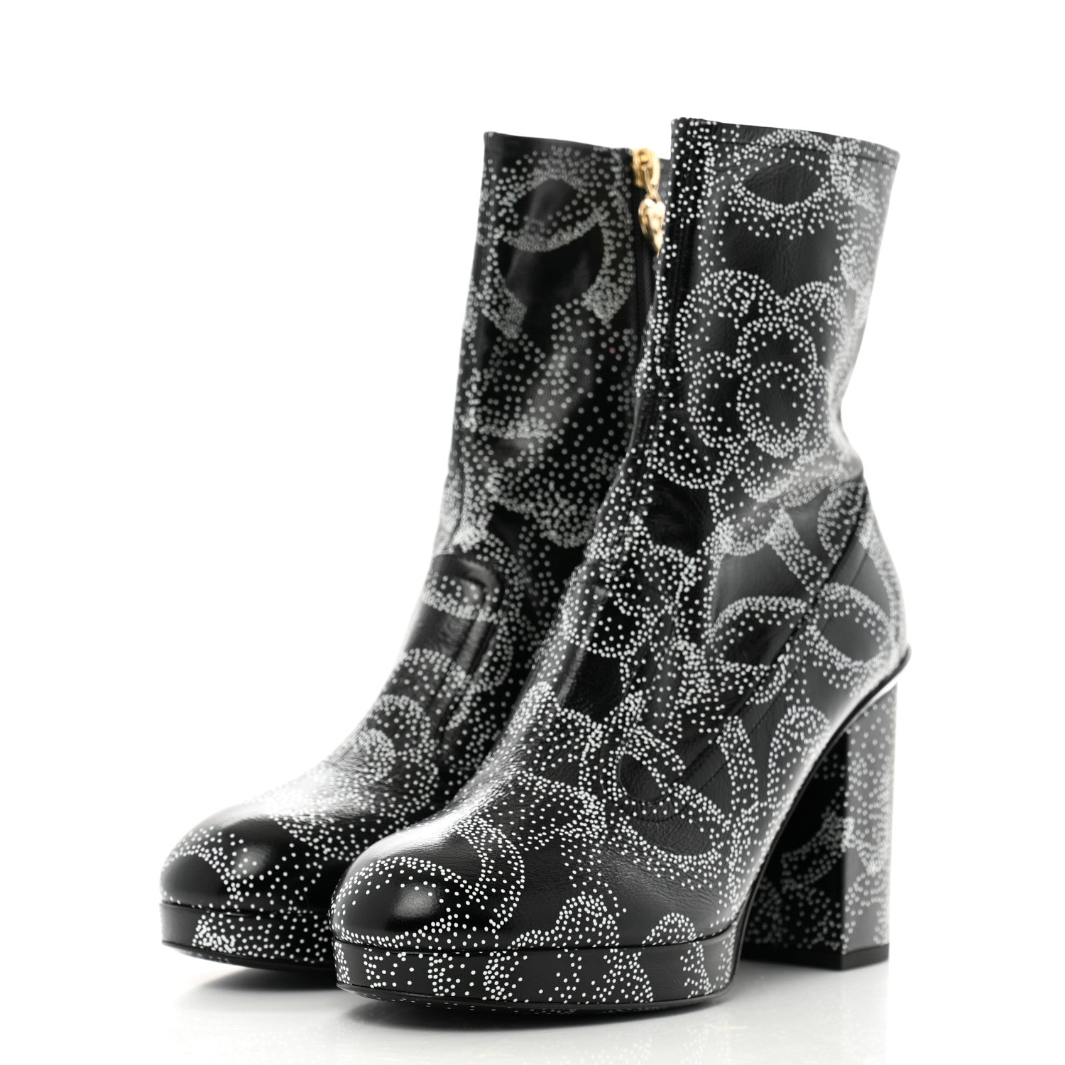 Chanel Calfskin Camellia Printed Ankle Boots 39 Black White 4 of 9