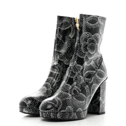 Chanel Calfskin Camellia Printed Ankle Boots 39 Black White 4 of 9