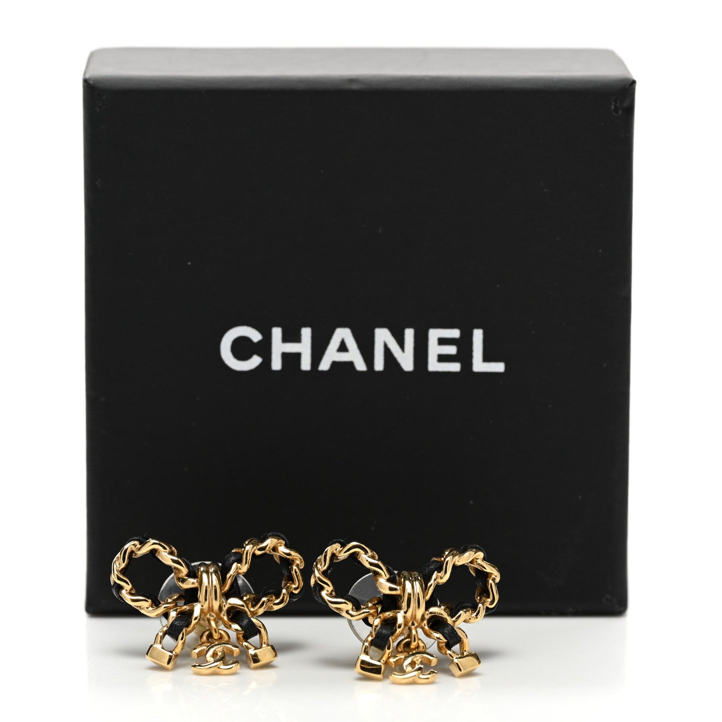 Lambskin Chain Bow Stud Earrings Black Gold