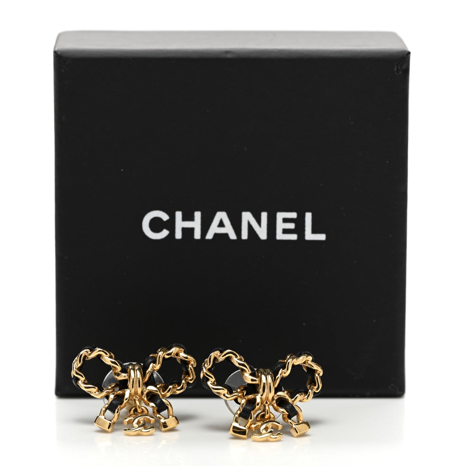 Chanel Lambskin Chain Bow Stud Earrings Black Gold 5 of 5