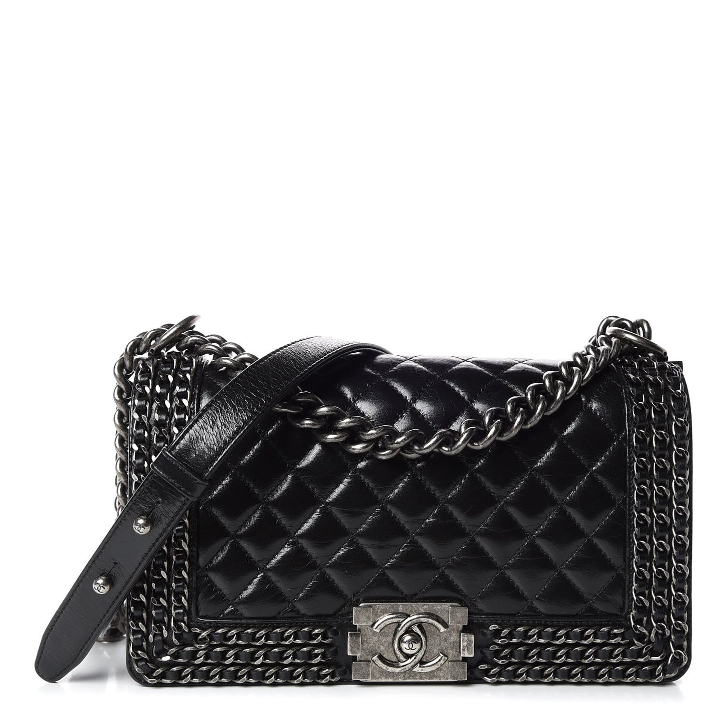 Glazed Calfskin Quilted Medium Boy Chained Flap Black