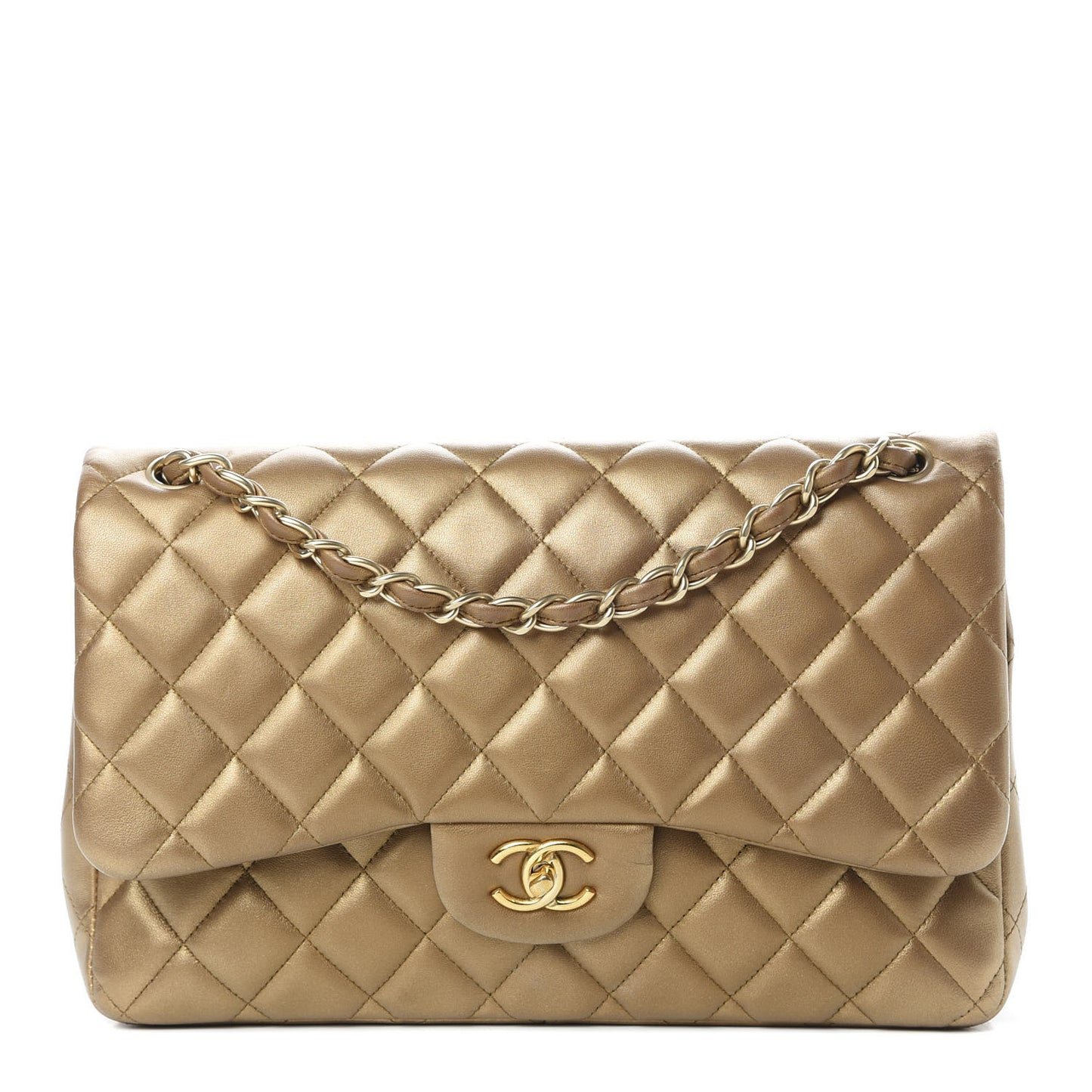 Metallic Lambskin Quilted Jumbo Double Flap Gold
