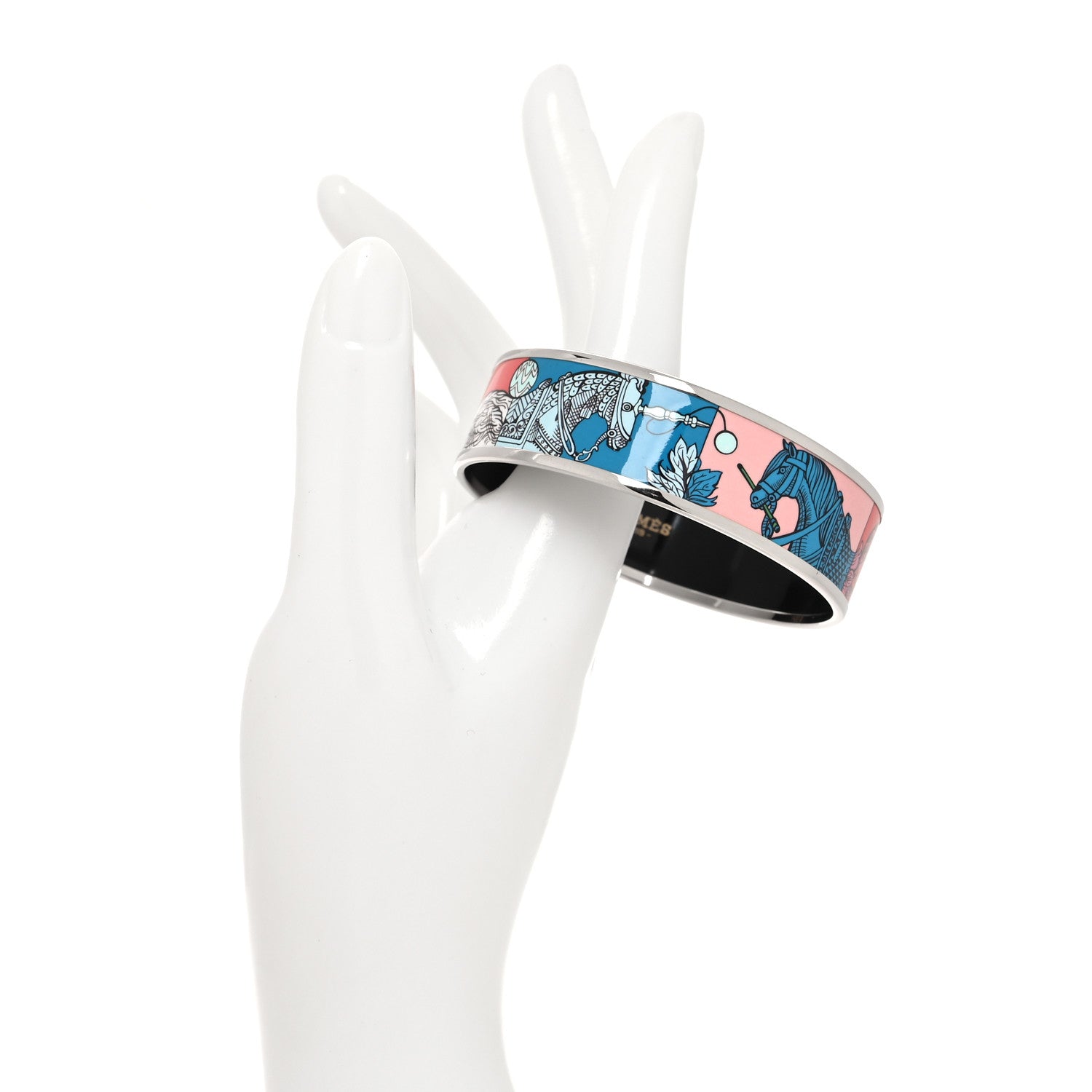 Hermes Enamel Printed Della Cavalleria Favolosa Wide Bracelet 62 Aqua Cobalt Rouge 2 of 5