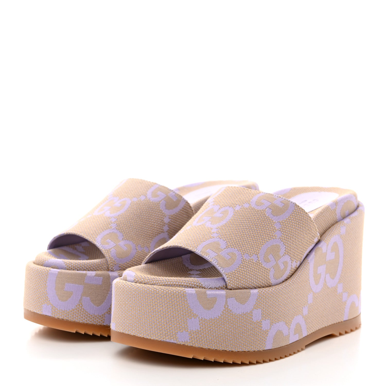 Gucci Monogram Jumbo GG Platform Slide Wedge Sandals 37.5 Beige Lapis 3 of 8