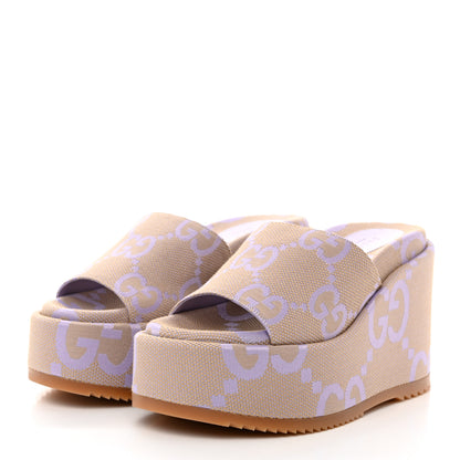 Gucci Monogram Jumbo GG Platform Slide Wedge Sandals 37.5 Beige Lapis 3 of 8