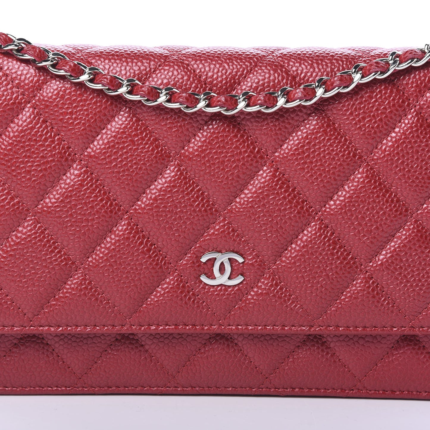 Iridescent Caviar Quilted Wallet On Chain WOC Red