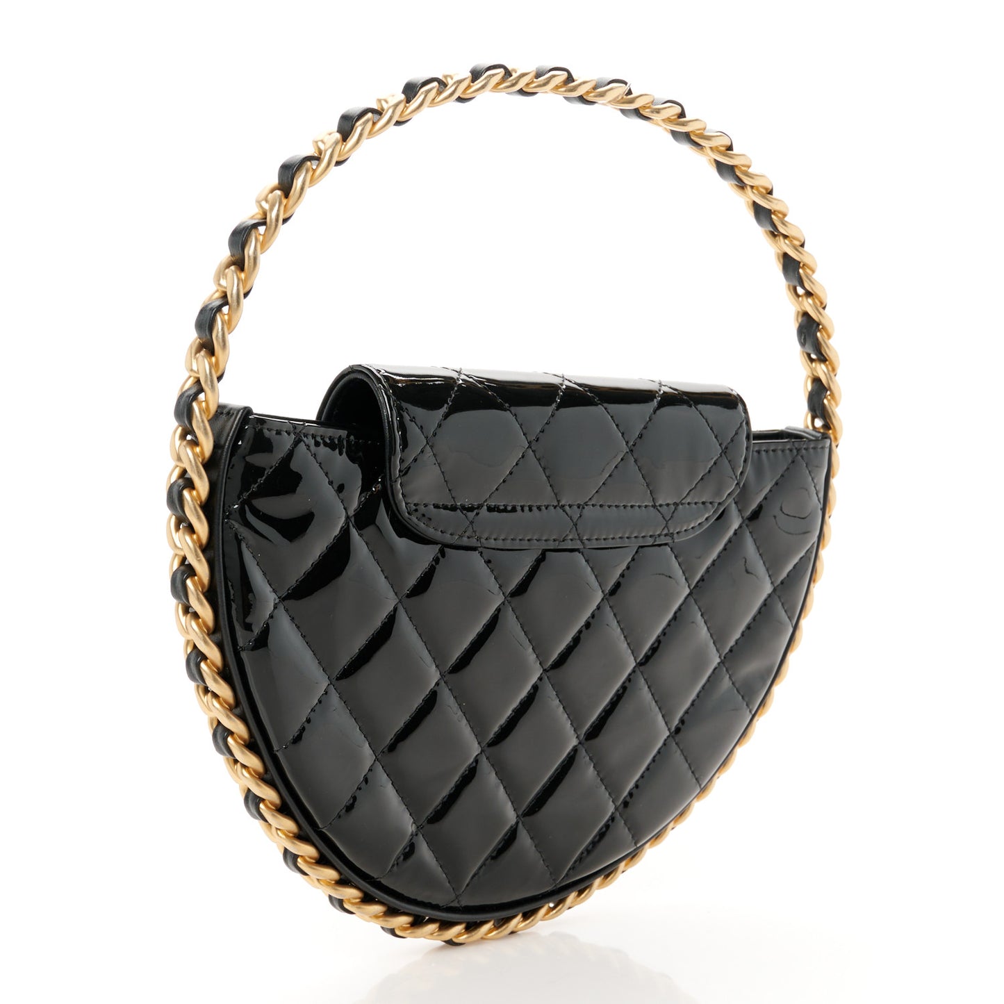 Patent Calfskin Quilted Chain Hoop Bag Black