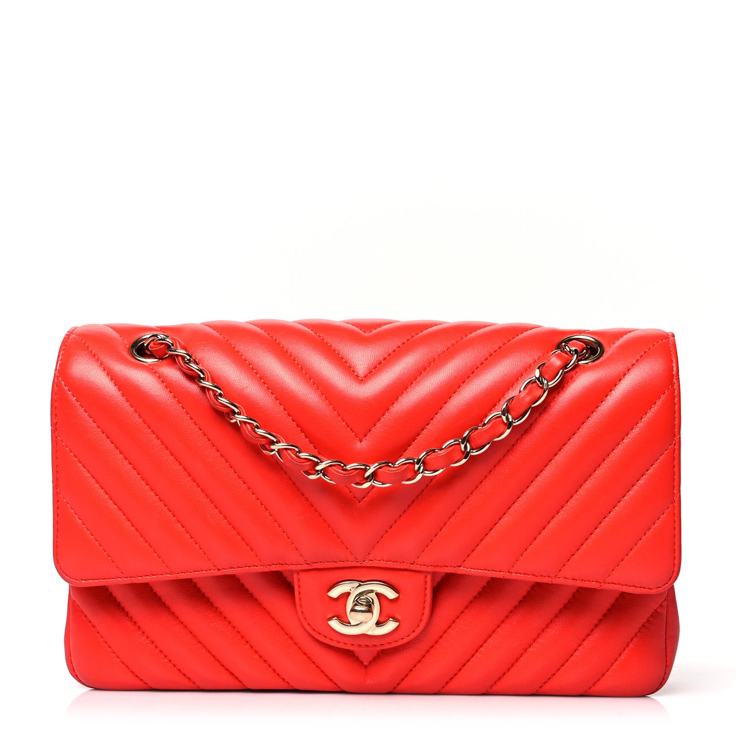 Lambskin Chevron Quilted Medium Double Flap Red