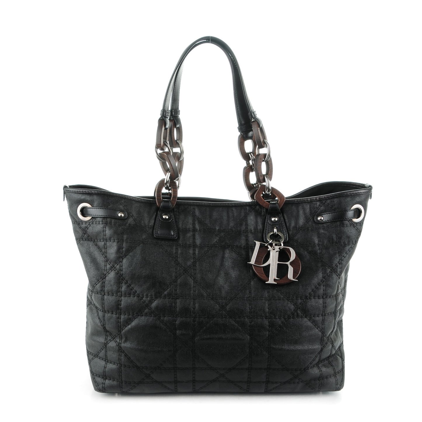 Coated Canvas Cannage Large Panarea Wood Tote Black