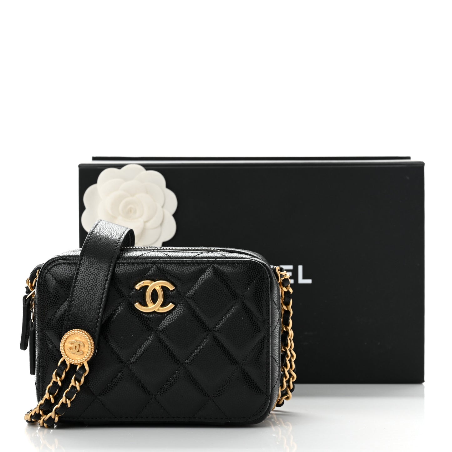 Caviar Quilted Twist Your Buttons Clutch With Chain Black