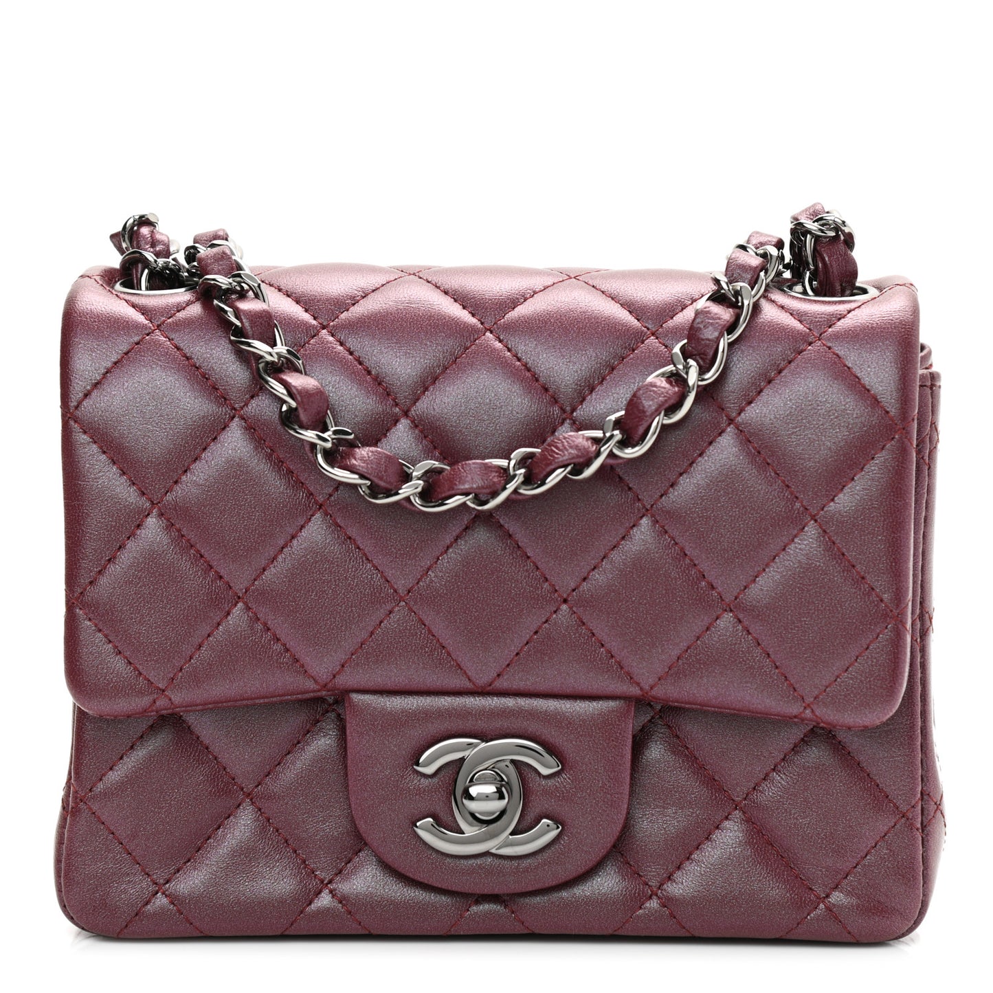 Iridescent Lambskin Quilted Mini Square Flap Burgundy