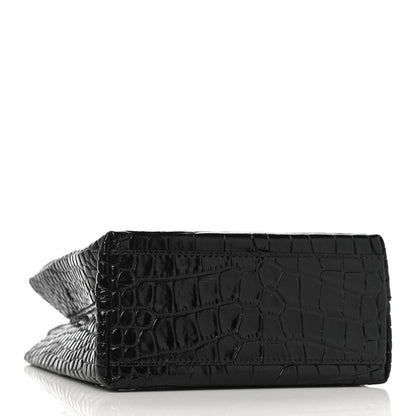 Balenciaga Shiny Calfskin Logo Crocodile Embossed North South Shopper Tote XXS Black White 4 of 9