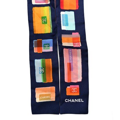Chanel Silk Logo Slim Bandeau Scarf Dark Navy Orange Blue 3 of 3