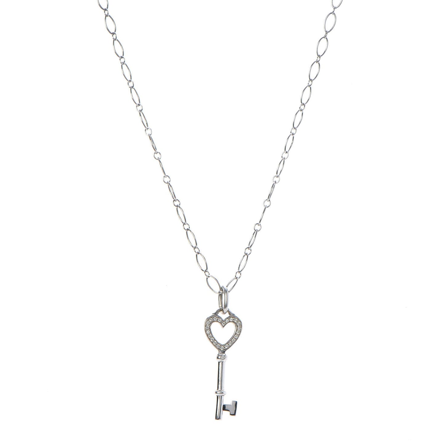 18K White Gold Diamond Mini Heart Key Charm Pendant Link Necklace